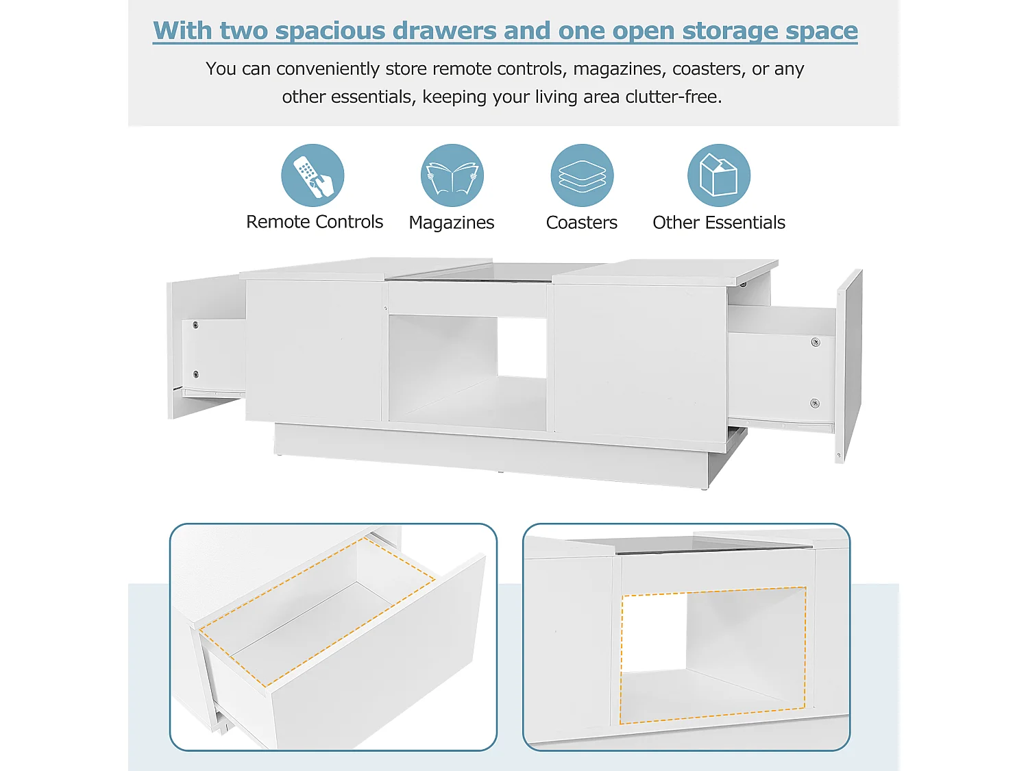 Salontafel met 2 laden en 1 vak - 100x50x35,5 cm - LED-verlichting en glaspanelen - wit