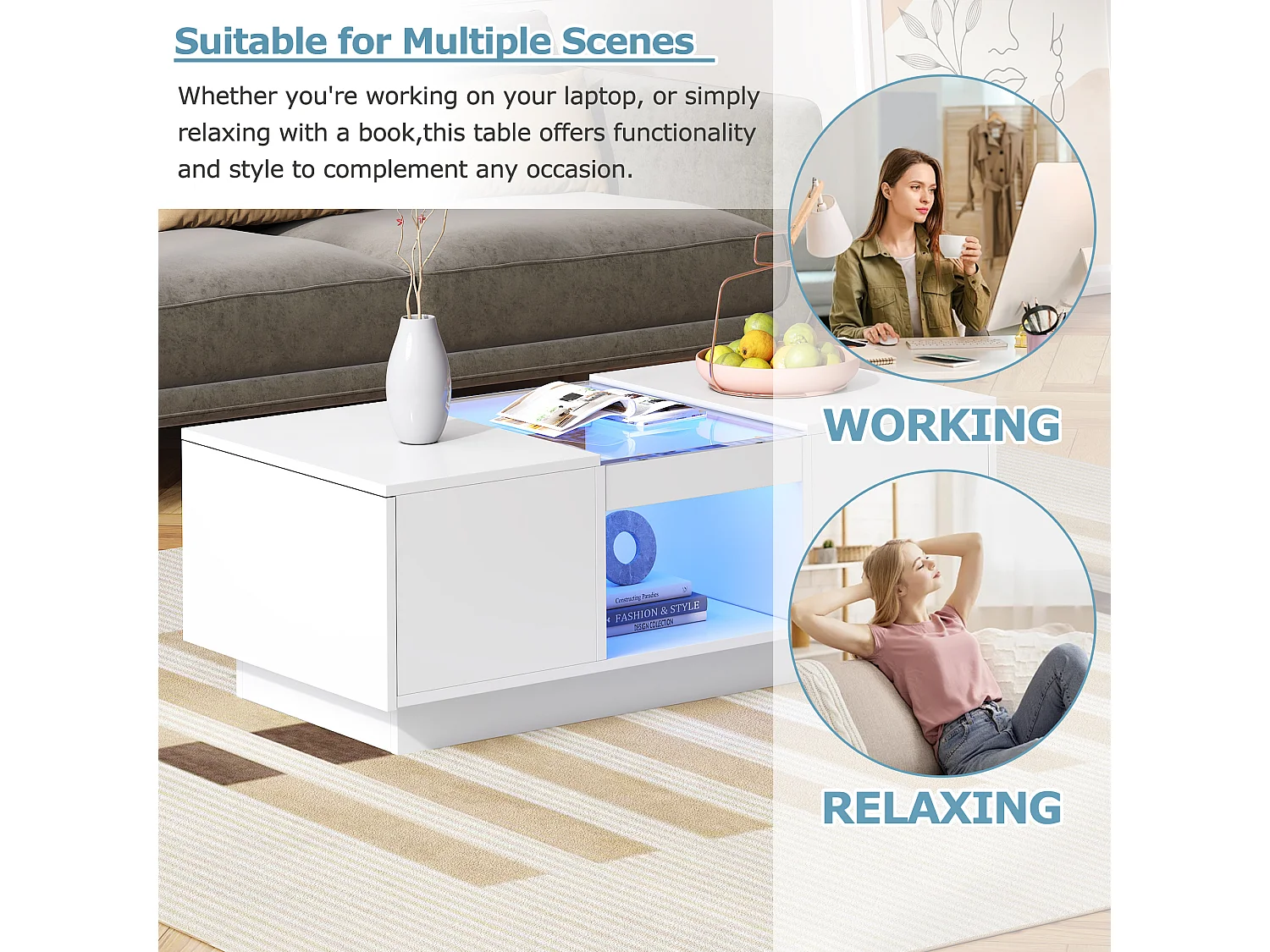 Salontafel met 2 laden en 1 vak - 100x50x35,5 cm - LED-verlichting en glaspanelen - wit