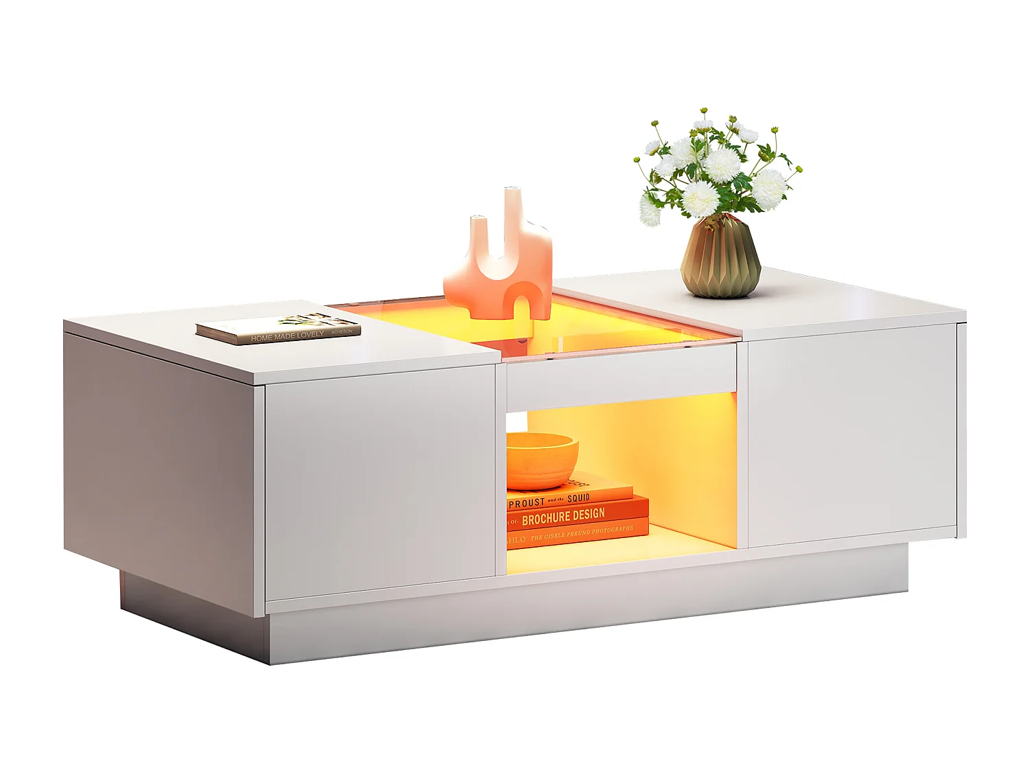 Tavolino con 2 cassetti e 1 vano - 100x50x35,5 cm - Illuminazione LED e pannelli in vetro - bianco