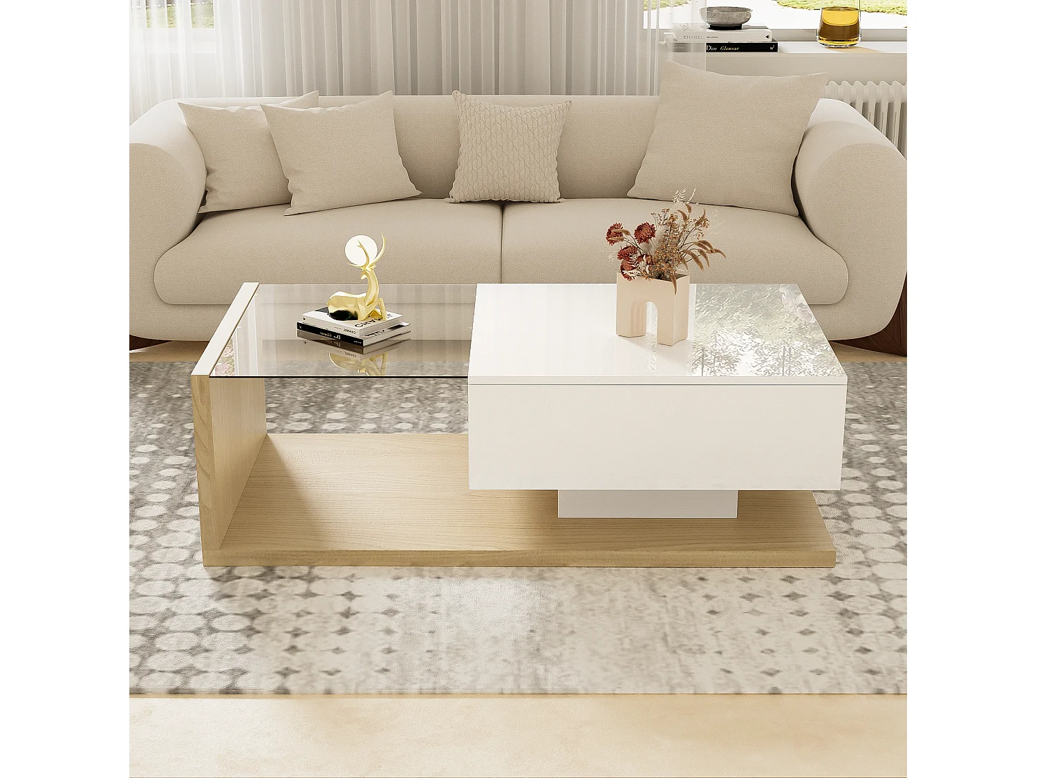 Table basse avec un tiroir et étagères - LEDs - 105x55x32,5cm - Panneaux de particules - Blanc brillant et bois