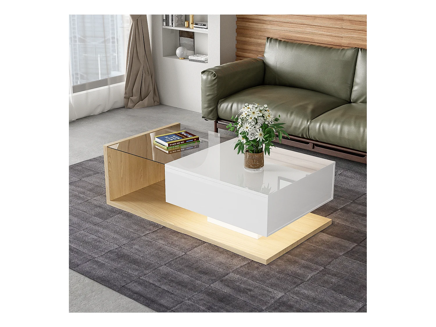 Couchtisch mit einer Schublade und Regalen – LEDs – 105 x 55 x 32,5 cm – Spanplatte – glänzendes Weiß und Holz