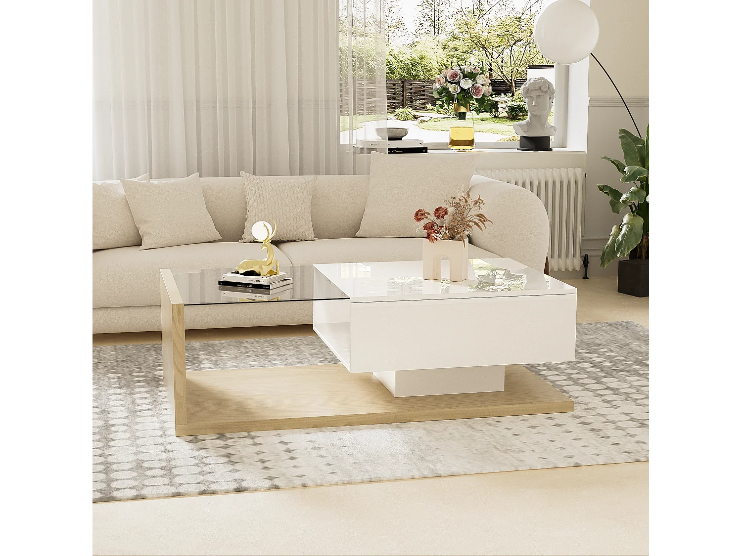 Table basse avec un tiroir et étagères - LEDs - 105x55x32,5cm - Panneaux de particules - Blanc brillant et bois