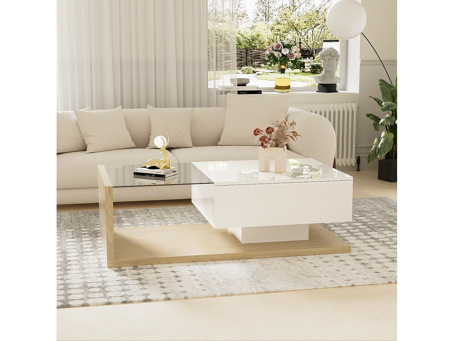 Table basse avec un tiroir et étagères - LEDs - 105x55x32,5cm - Panneaux de particules - Blanc brillant et bois