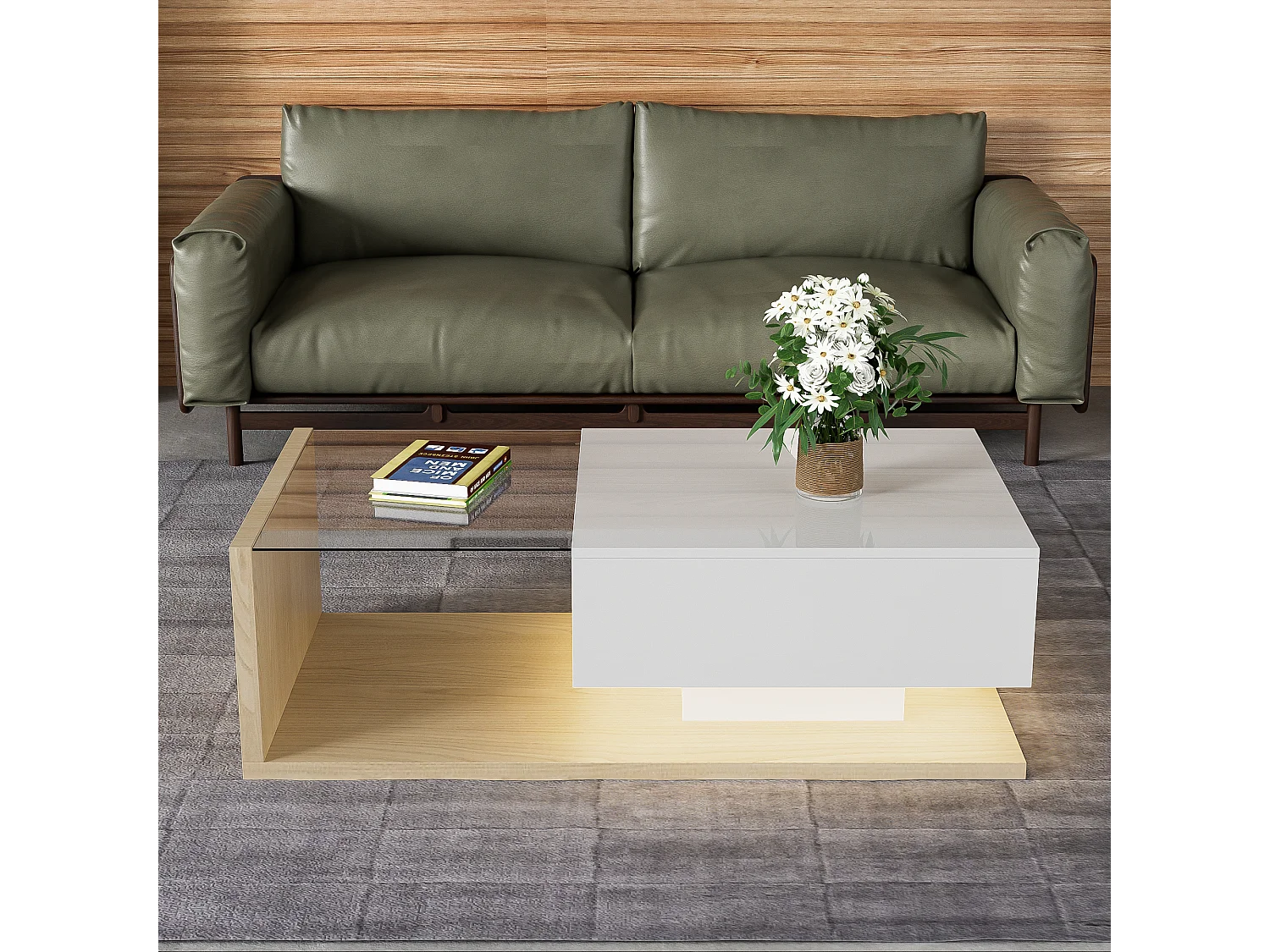 Table basse avec un tiroir et étagères - LEDs - 105x55x32,5cm - Panneaux de particules - Blanc brillant et bois