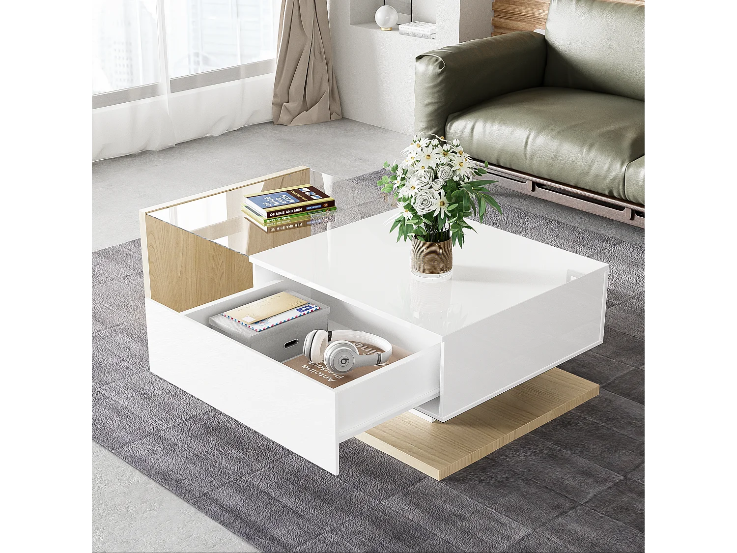 Table basse avec un tiroir et étagères - LEDs - 105x55x32,5cm - Panneaux de particules - Blanc brillant et bois