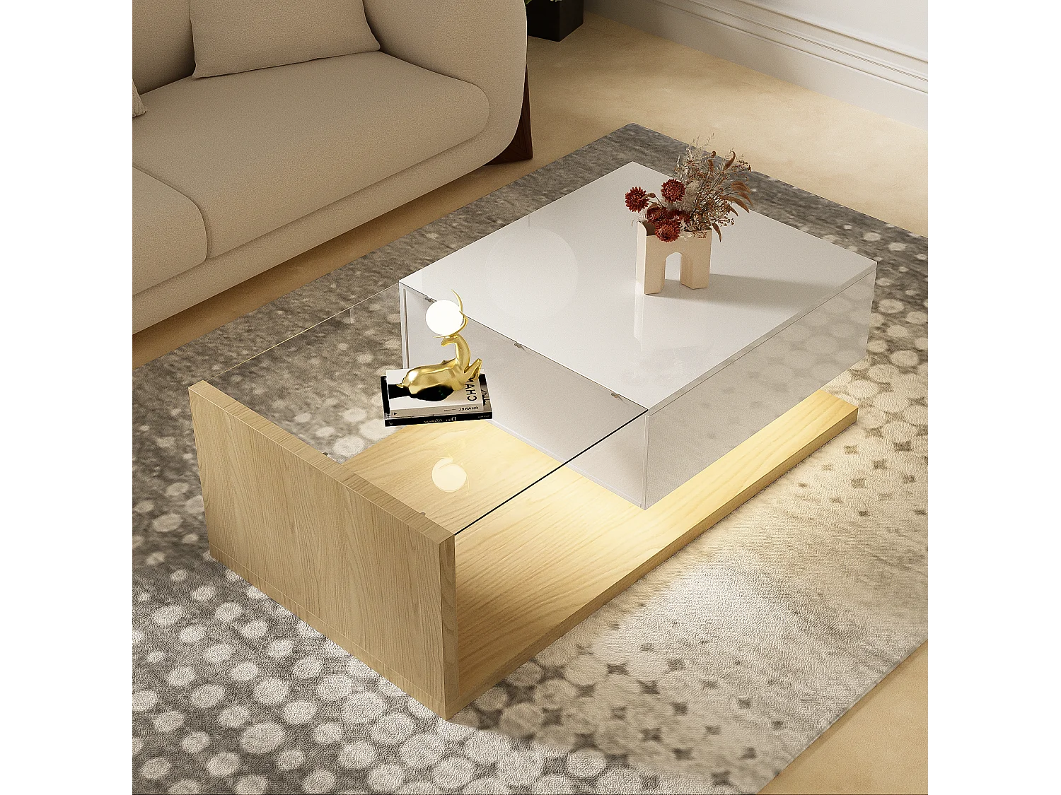 Table basse avec un tiroir et étagères - LEDs - 105x55x32,5cm - Panneaux de particules - Blanc brillant et bois