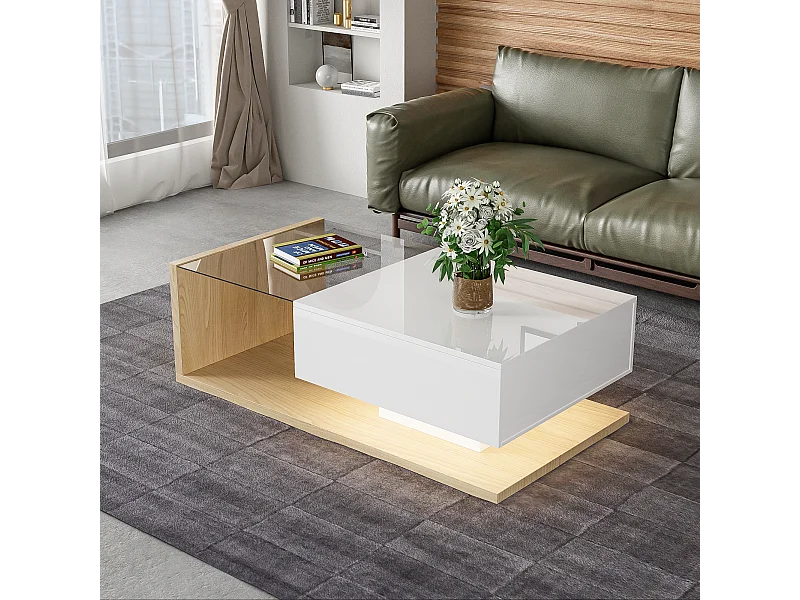 Stolik kawowy z jedną szufladą i półkami - LED-y - 105x55x32,5cm - Płyta wiórowa - Błyszcząca biel i drewno