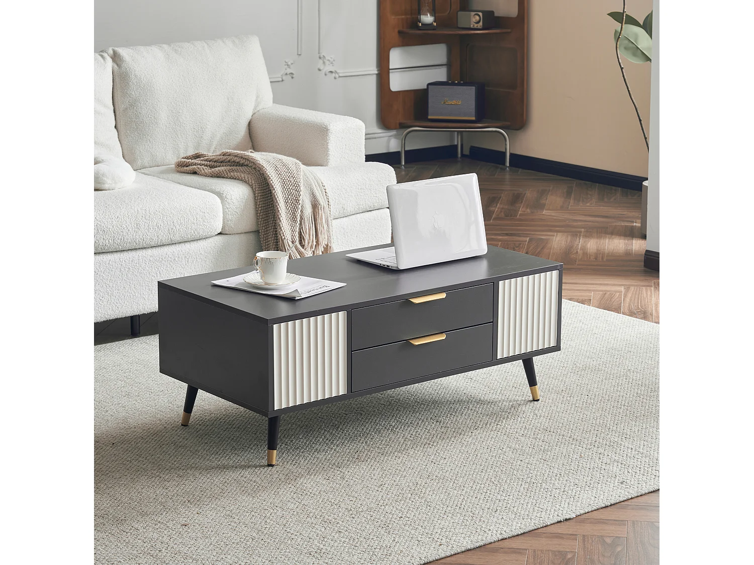 Moderne salontafel met 2 laden en 2 deuren - 100x50x40 cm - Spaanplaat - Grijs en wit