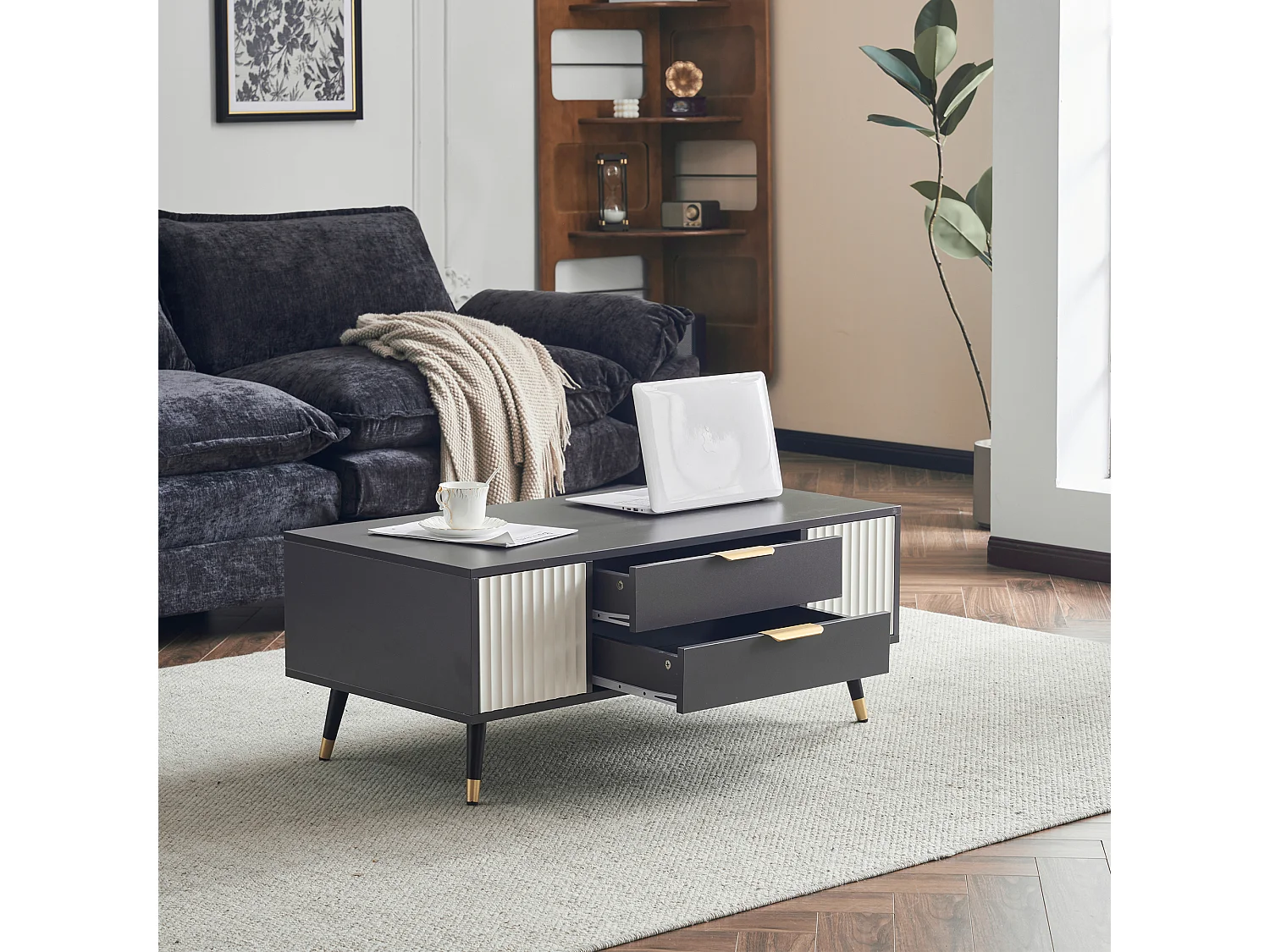 Moderne salontafel met 2 laden en 2 deuren - 100x50x40 cm - Spaanplaat - Grijs en wit