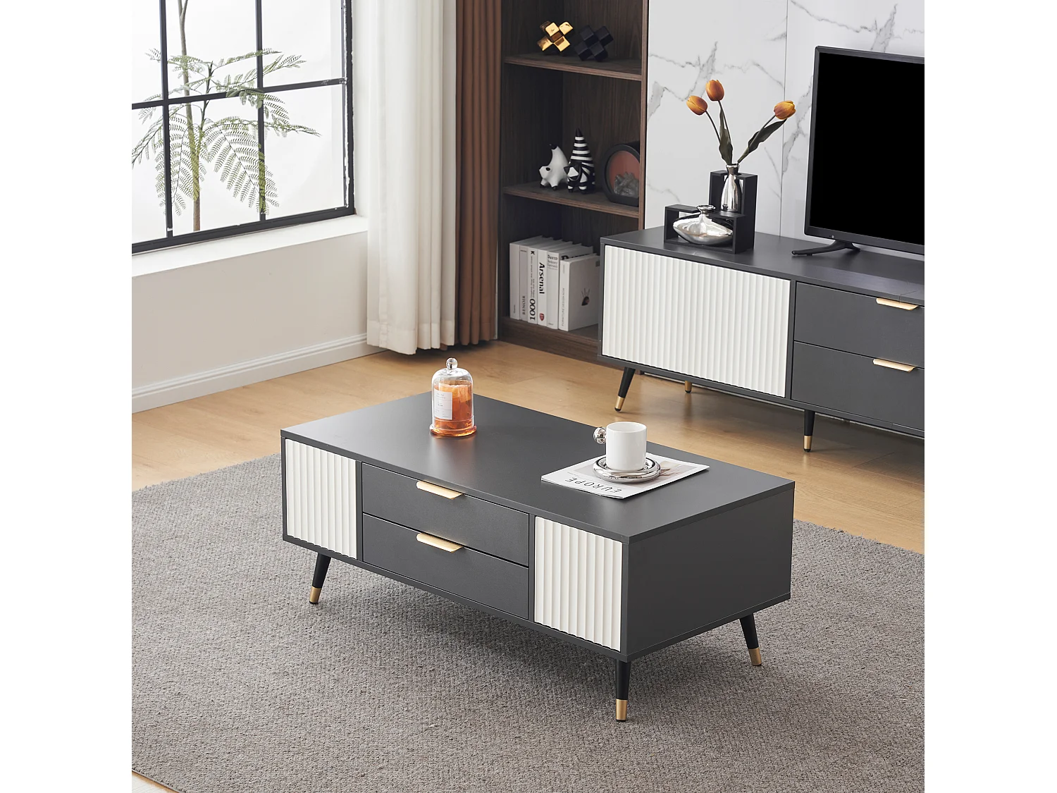 Moderne salontafel met 2 laden en 2 deuren - 100x50x40 cm - Spaanplaat - Grijs en wit