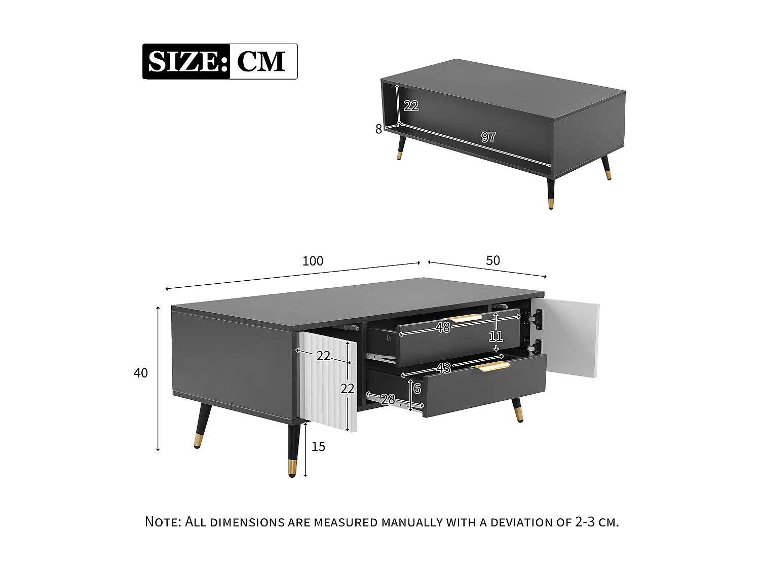 Moderne salontafel met 2 laden en 2 deuren - 100x50x40 cm - Spaanplaat - Grijs en wit