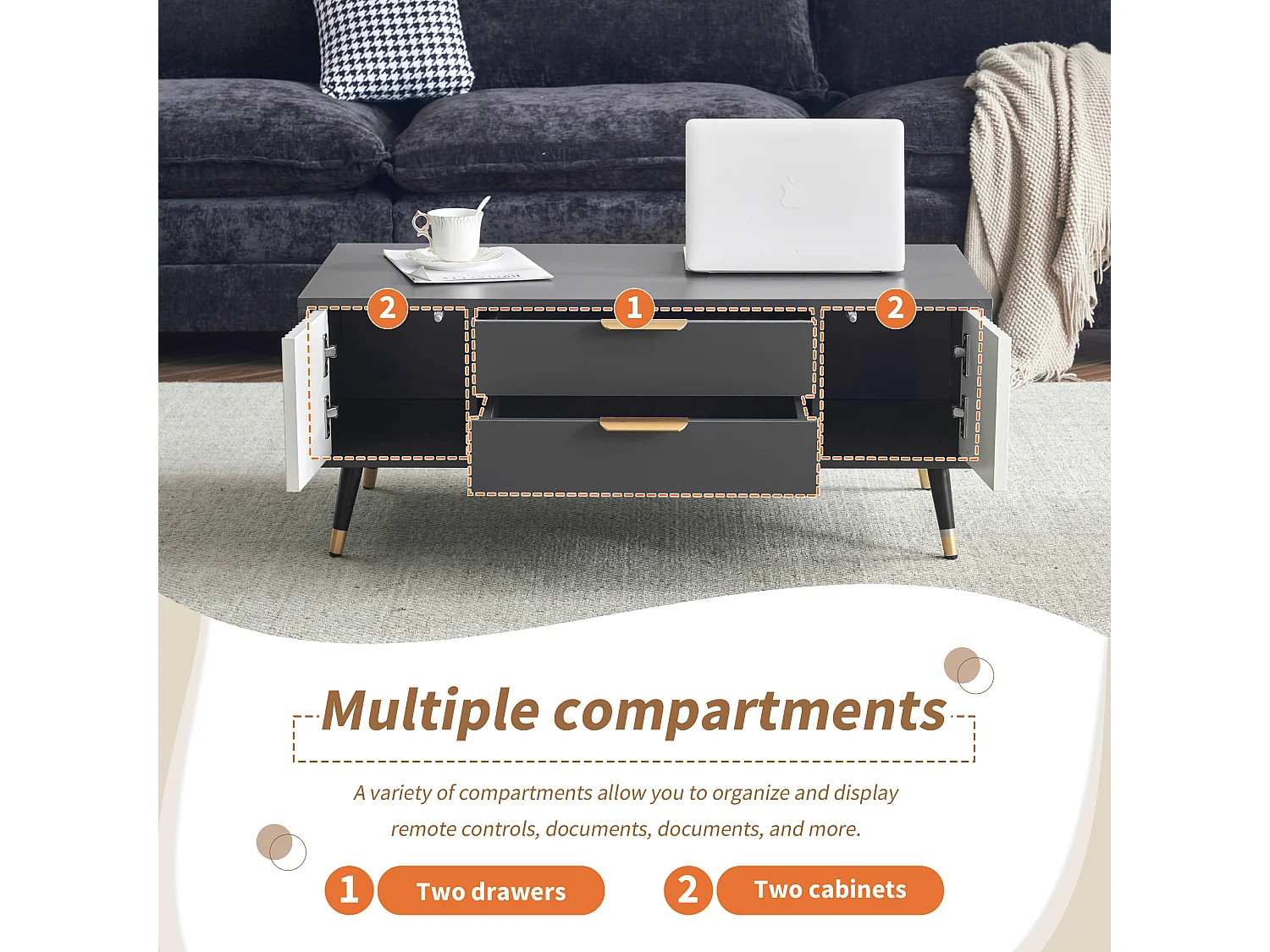 Moderne salontafel met 2 laden en 2 deuren - 100x50x40 cm - Spaanplaat - Grijs en wit