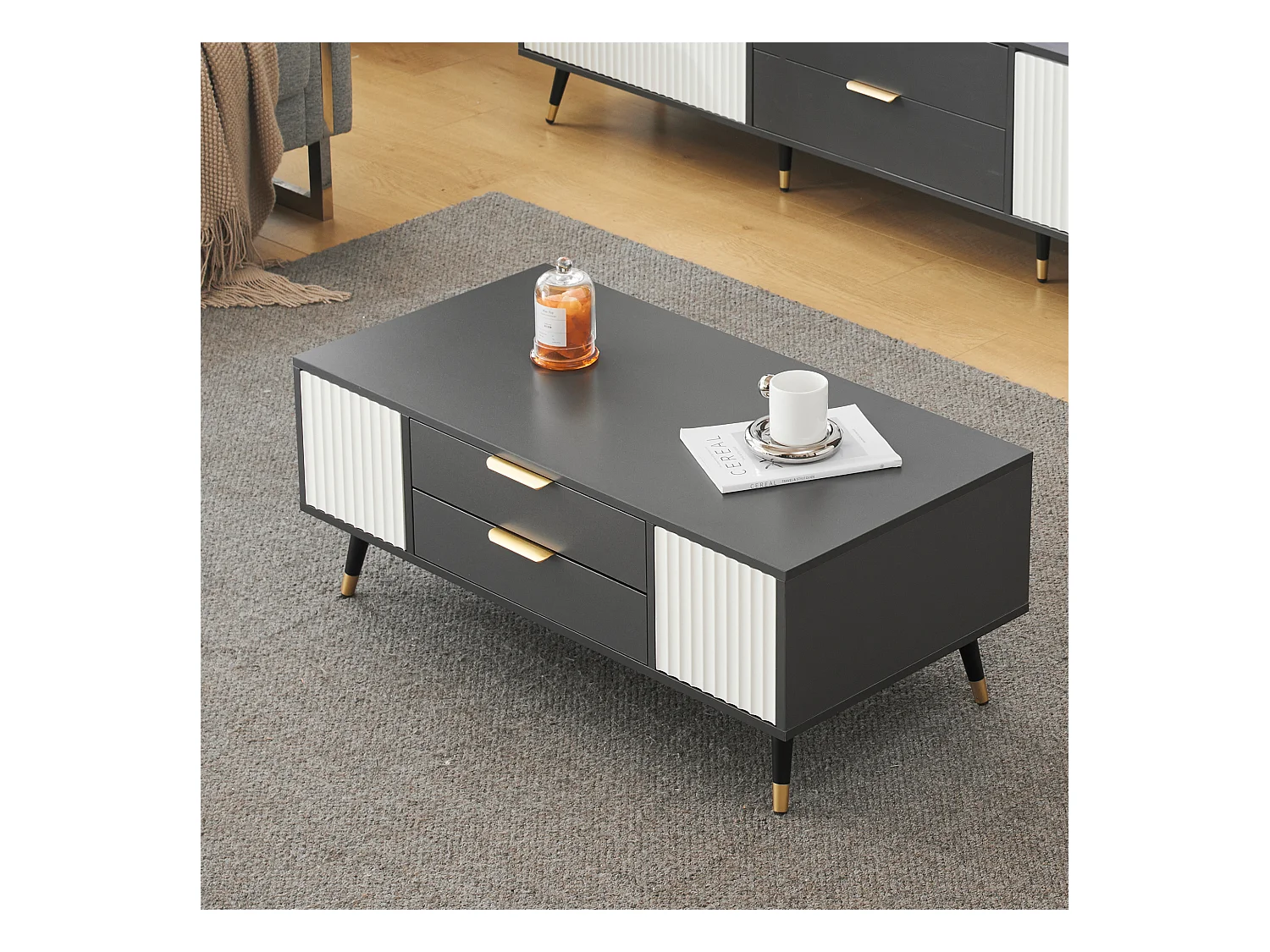 Moderne salontafel met 2 laden en 2 deuren - 100x50x40 cm - Spaanplaat - Grijs en wit