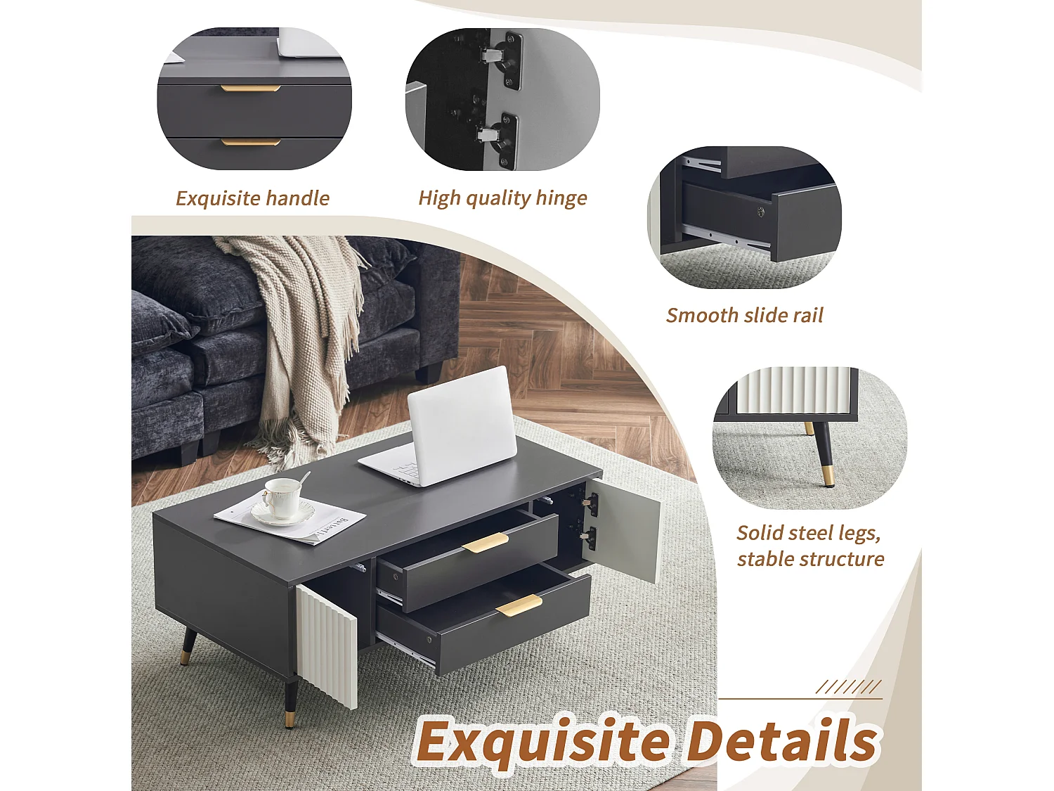 Moderne salontafel met 2 laden en 2 deuren - 100x50x40 cm - Spaanplaat - Grijs en wit