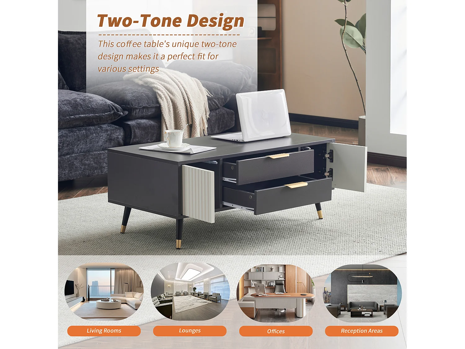 Moderne salontafel met 2 laden en 2 deuren - 100x50x40 cm - Spaanplaat - Grijs en wit