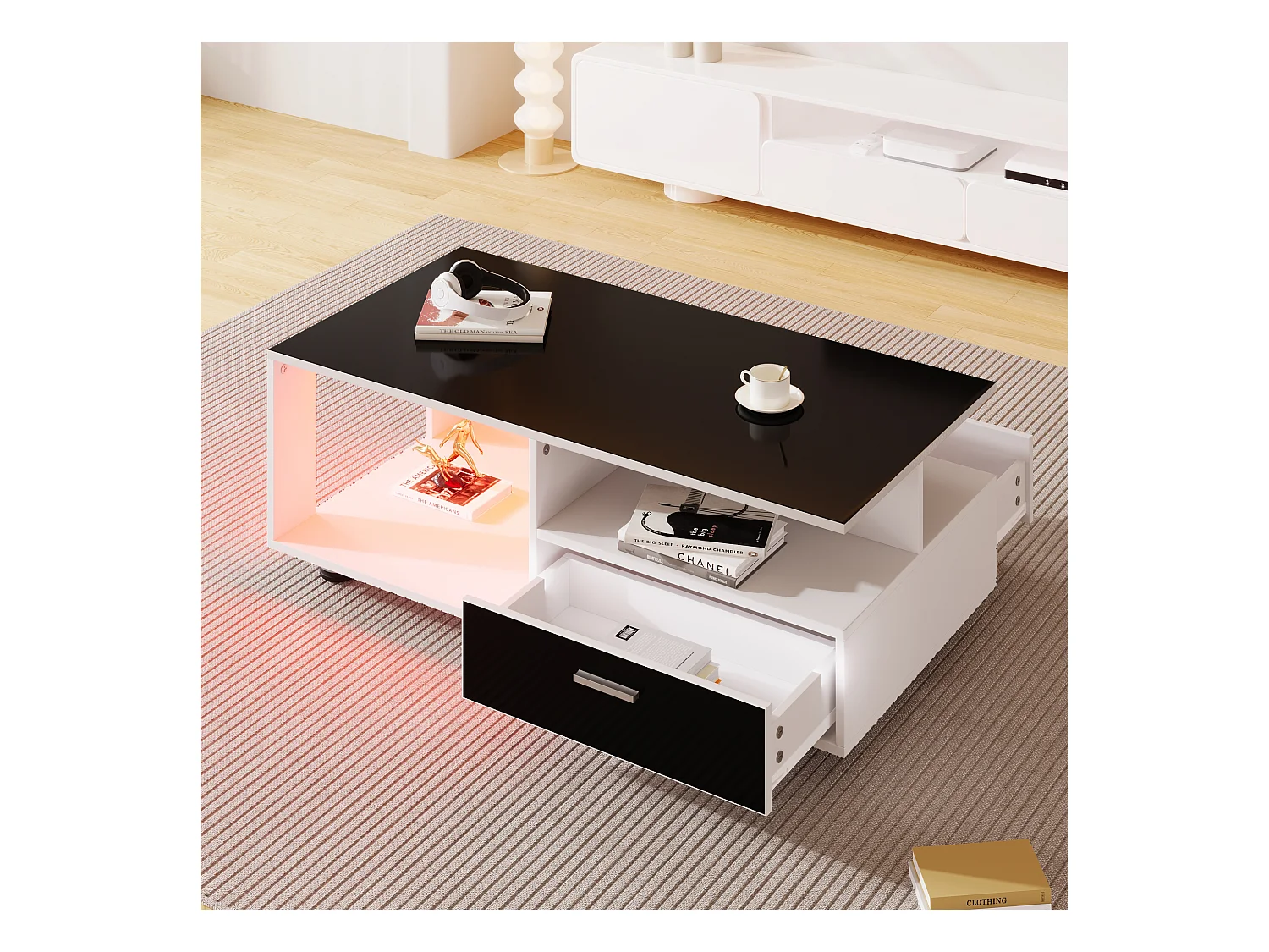Table basse avec 2 tiroirs et étagères - LEDs - 110x38,5x55cm - Panneaux de particules - Noir brillant et blanc