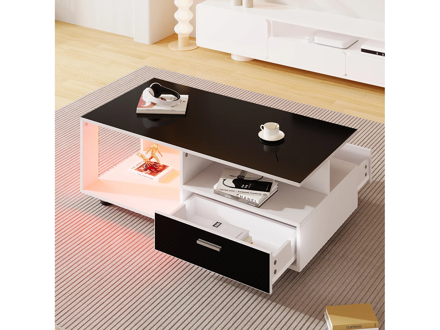 Table basse avec 2 tiroirs et étagères - LEDs - 110x38,5x55cm - Panneaux de particules - Noir brillant et blanc