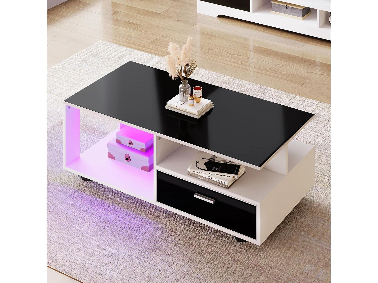 Table basse avec 2 tiroirs et étagères - LEDs - 110x38,5x55cm - Panneaux de particules - Noir brillant et blanc