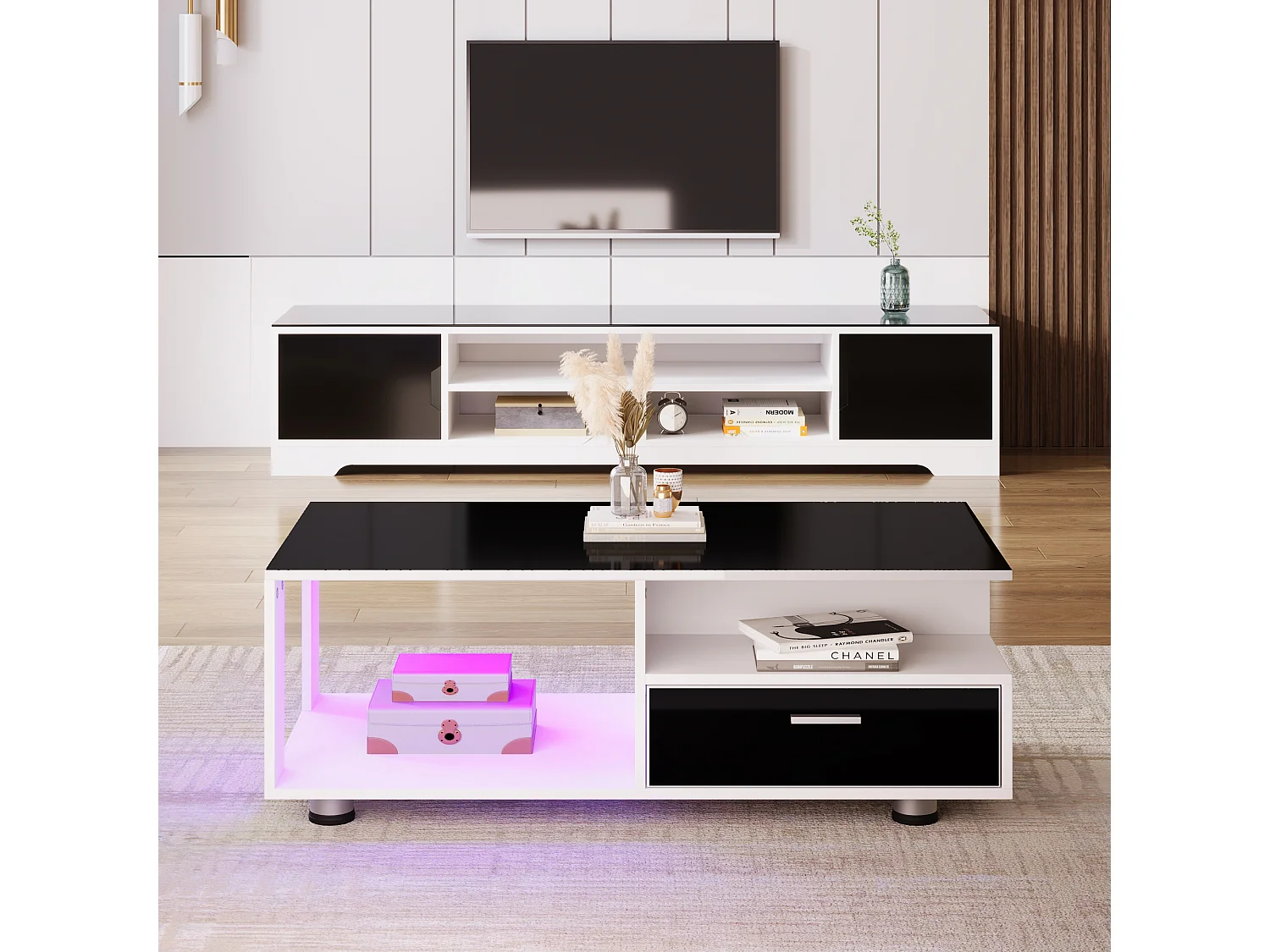 Table basse avec 2 tiroirs et étagères - LEDs - 110x38,5x55cm - Panneaux de particules - Noir brillant et blanc