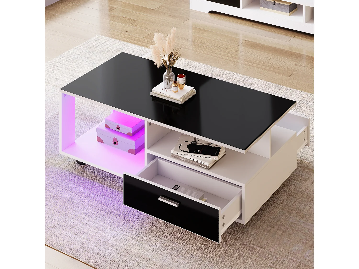 Table basse avec 2 tiroirs et étagères - LEDs - 110x38,5x55cm - Panneaux de particules - Noir brillant et blanc
