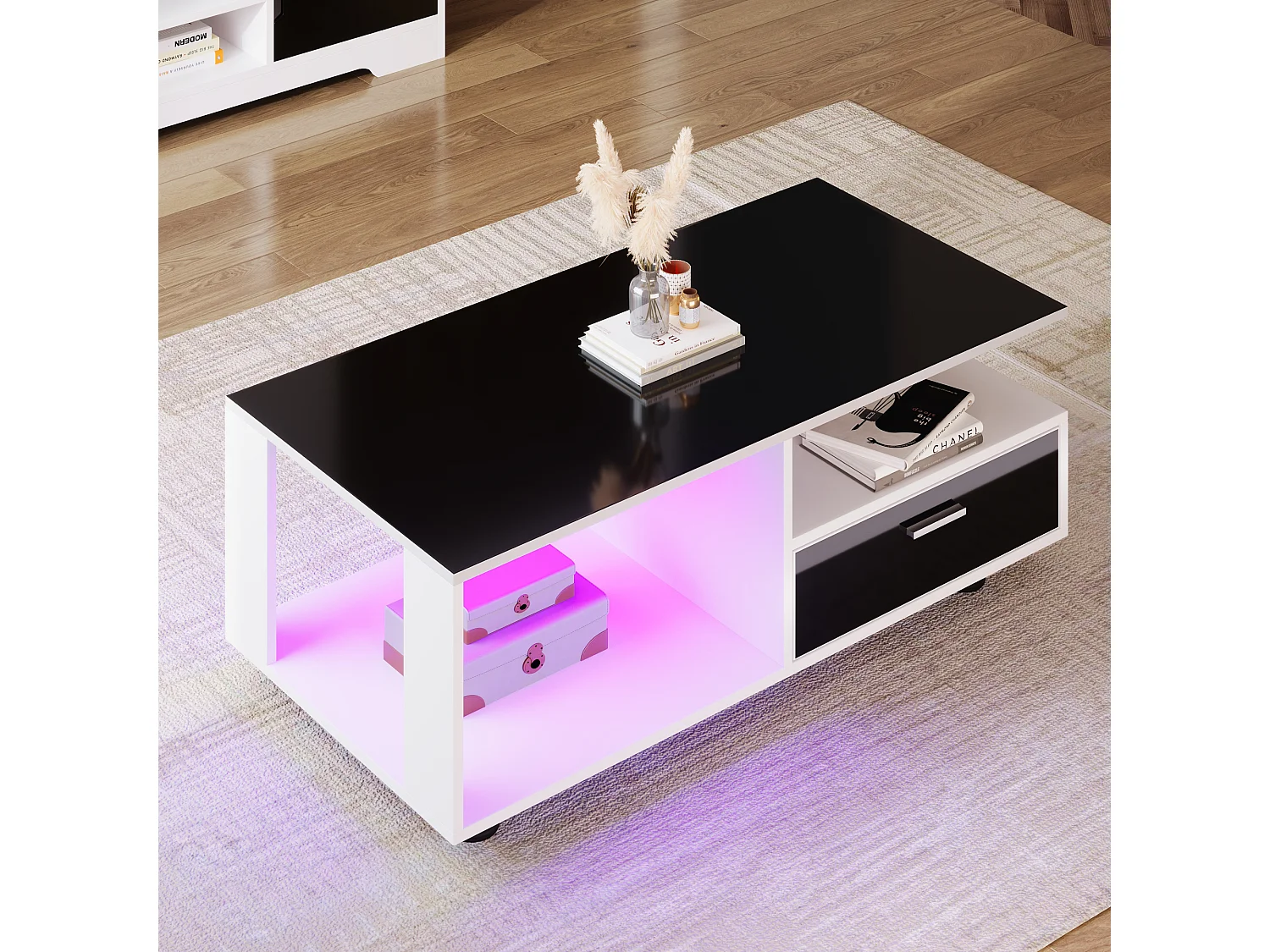 Table basse avec 2 tiroirs et étagères - LEDs - 110x38,5x55cm - Panneaux de particules - Noir brillant et blanc