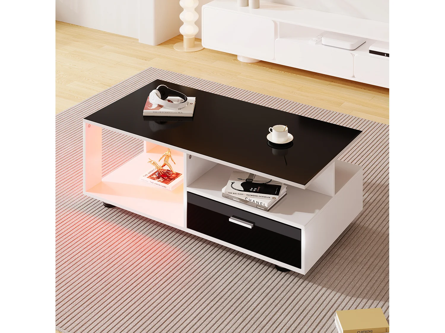 Table basse avec 2 tiroirs et étagères - LEDs - 110x38,5x55cm - Panneaux de particules - Noir brillant et blanc