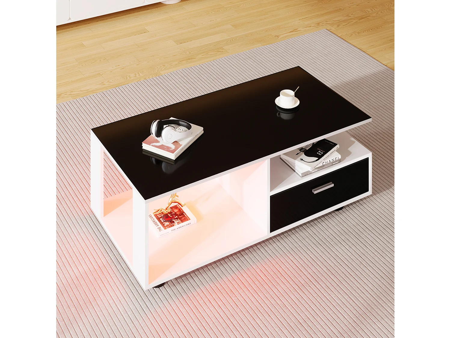 Table basse avec 2 tiroirs et étagères - LEDs - 110x38,5x55cm - Panneaux de particules - Noir brillant et blanc