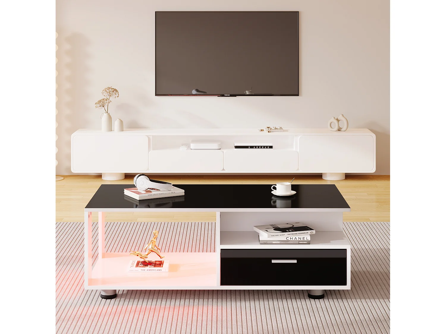 Table basse avec 2 tiroirs et étagères - LEDs - 110x38,5x55cm - Panneaux de particules - Noir brillant et blanc