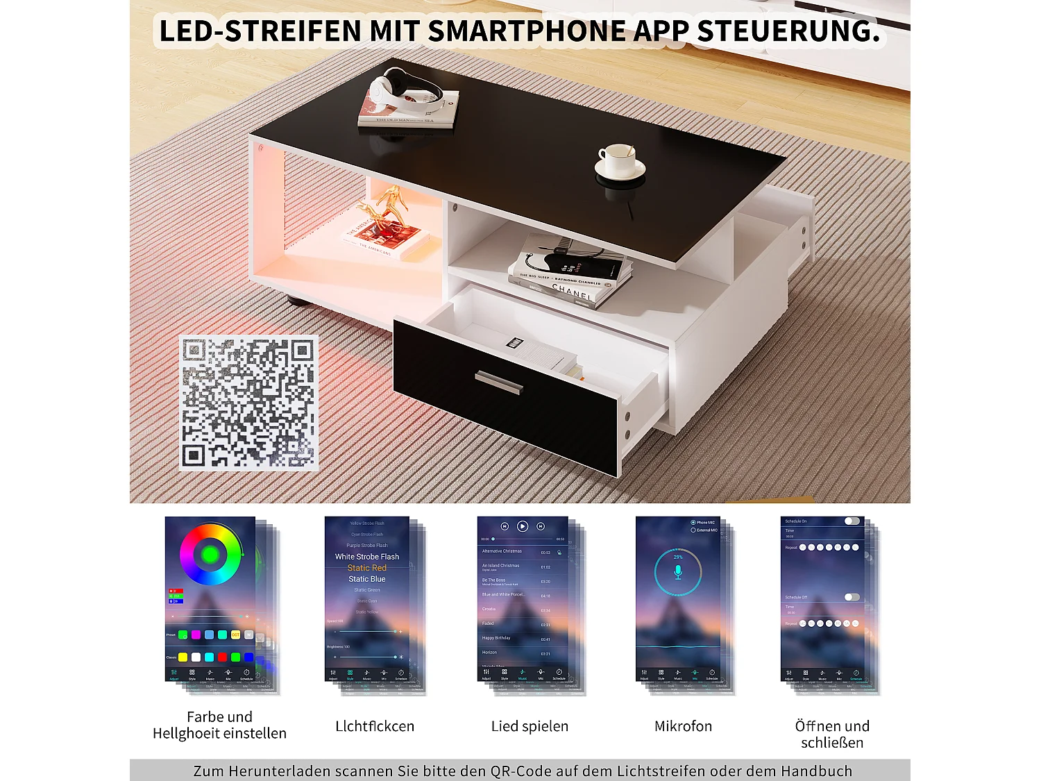 Table basse avec 2 tiroirs et étagères - LEDs - 110x38,5x55cm - Panneaux de particules - Noir brillant et blanc