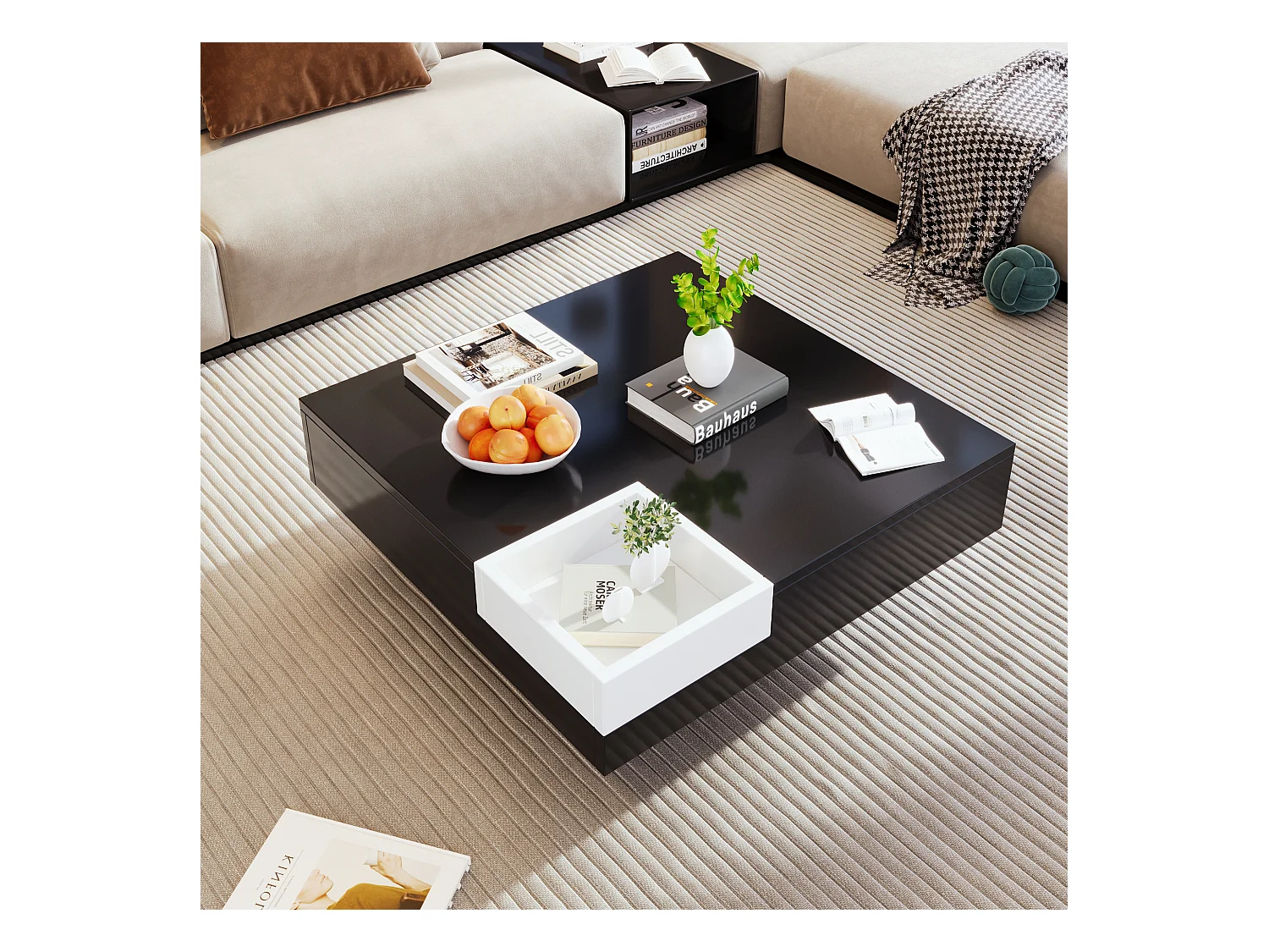 Mesa de centro cuadrada con caja de almacenamiento - 72 x 72 x 30 cm - LED - Tablero de partículas - Negro + blanco