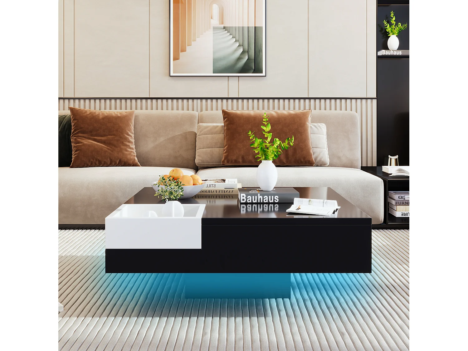 Table basse carrée avec boîte de rangement  - 72 x 72 x 30 cm - LEDs - Panneaux de particules - Noir + blanc