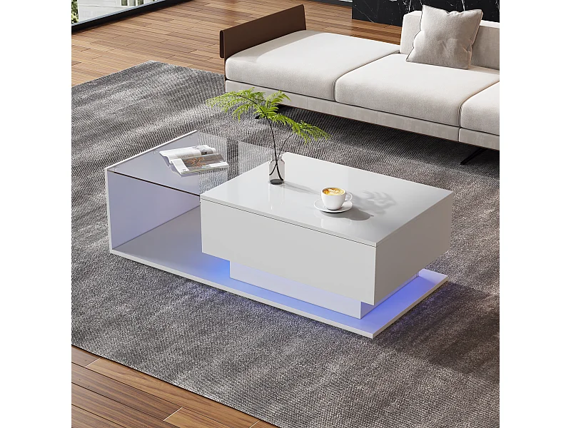 Table basse avec grand tiroir - 100x50x32 cm - LEDs - plateau en verre - Panneaux de particules - Blanc brillant