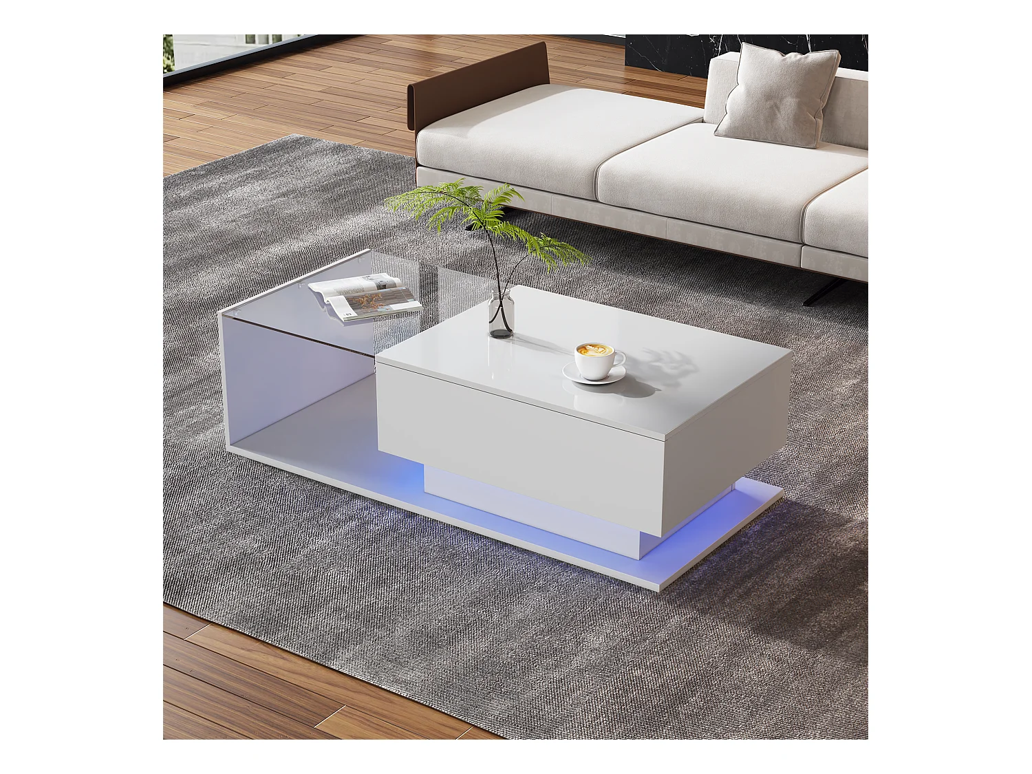 Tavolino con cassetto grande - 100x50x32 cm - LED - piano in vetro - Truciolare - Bianco lucido