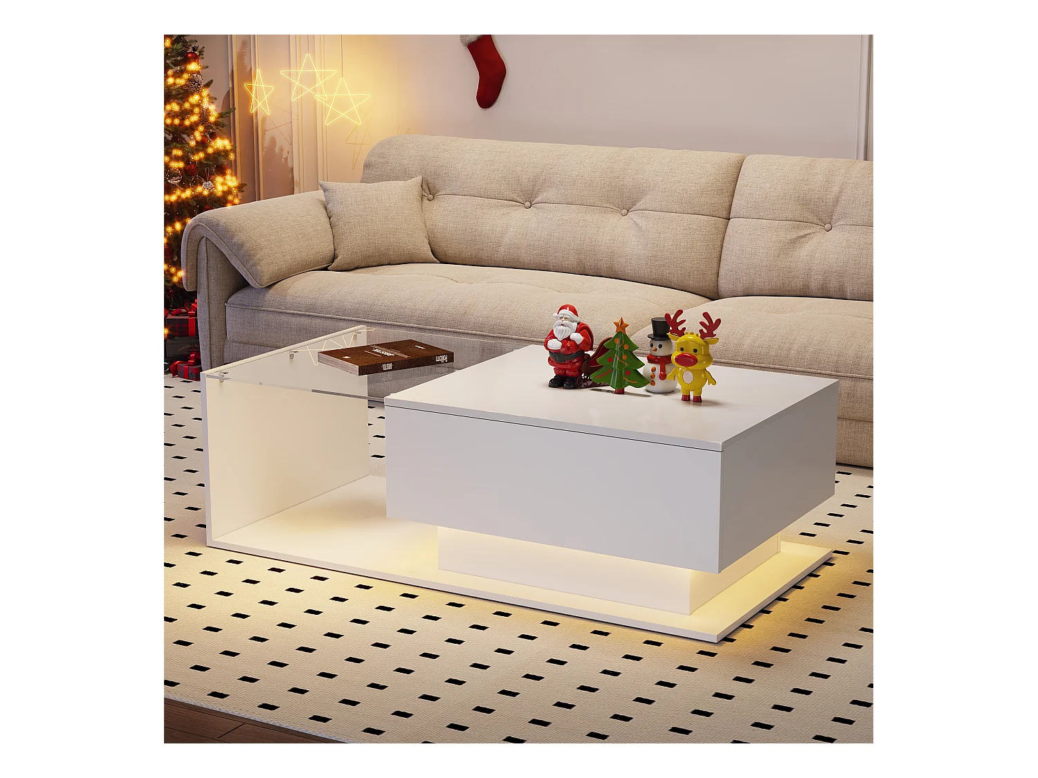 Mesa de centro con cajón grande - 100x50x32 cm - LED - tapa de cristal - Tablero de partículas - Blanco brillante
