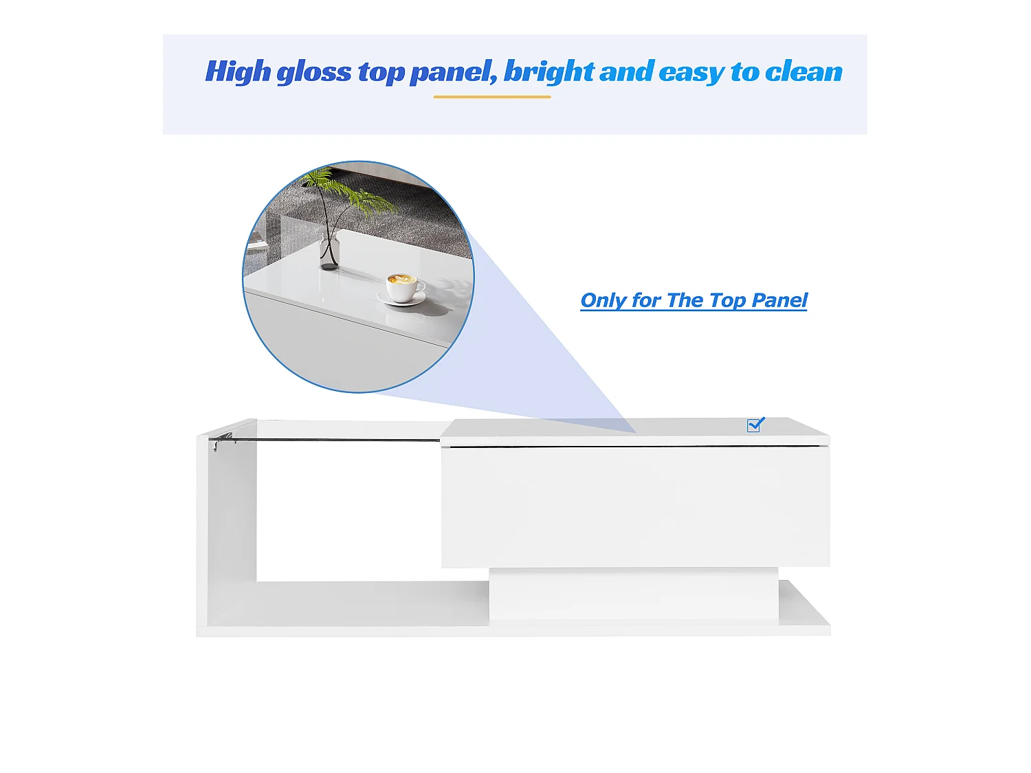 Mesa de centro con cajón grande - 100x50x32 cm - LED - tapa de cristal - Tablero de partículas - Blanco brillante