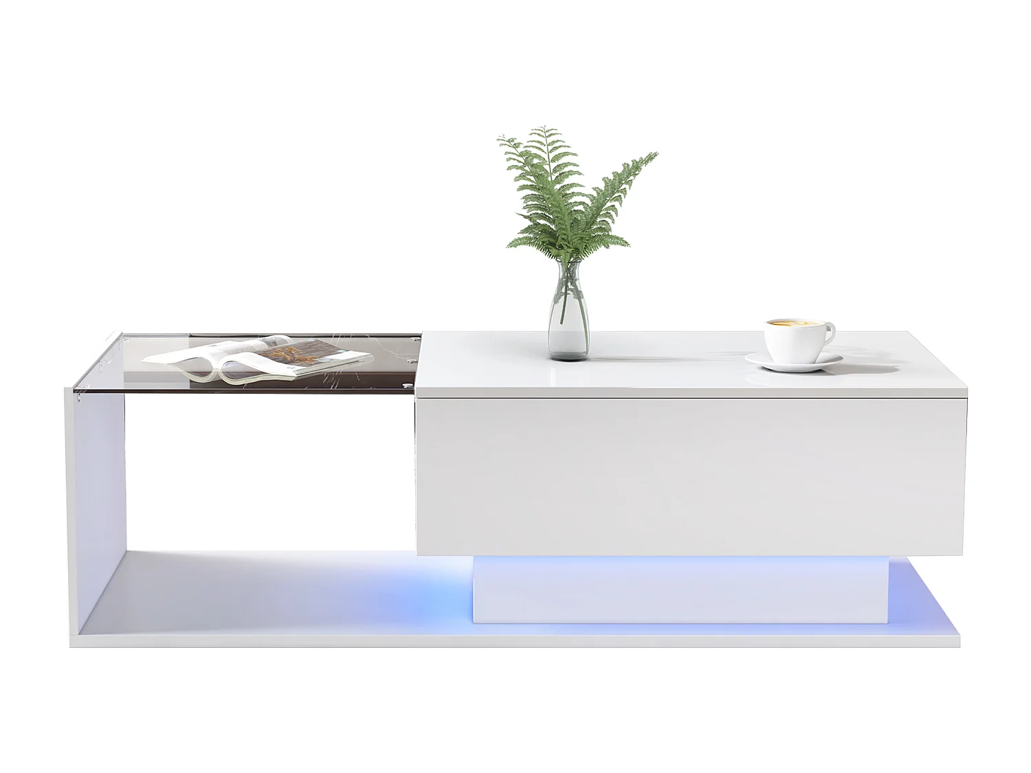 Mesa de centro con cajón grande - 100x50x32 cm - LED - tapa de cristal - Tablero de partículas - Blanco brillante