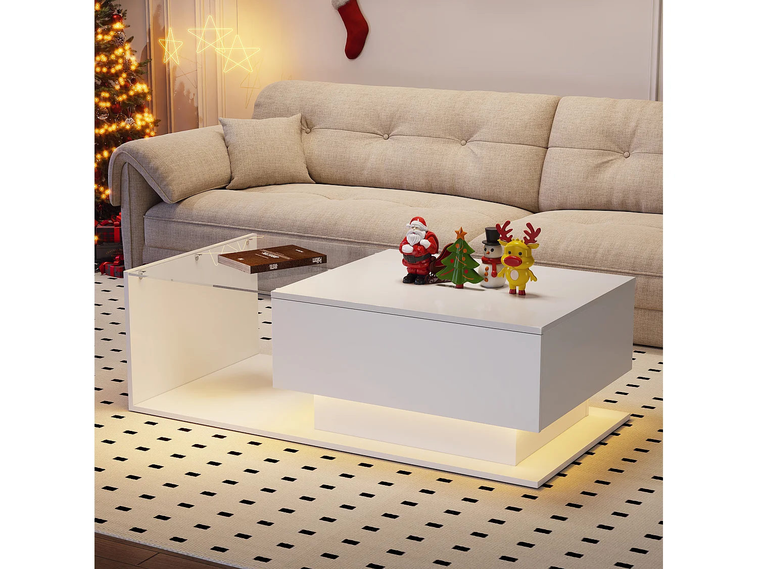 Mesa de centro con cajón grande - 100x50x32 cm - LED - tapa de cristal - Tablero de partículas - Blanco brillante