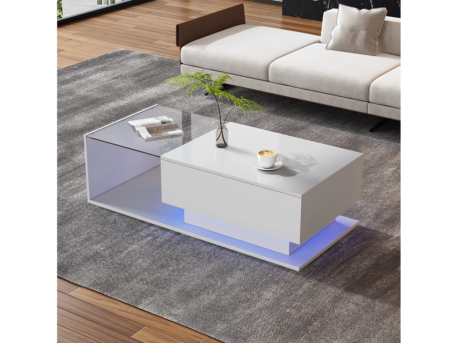 Mesa de centro con cajón grande - 100x50x32 cm - LED - tapa de cristal - Tablero de partículas - Blanco brillante