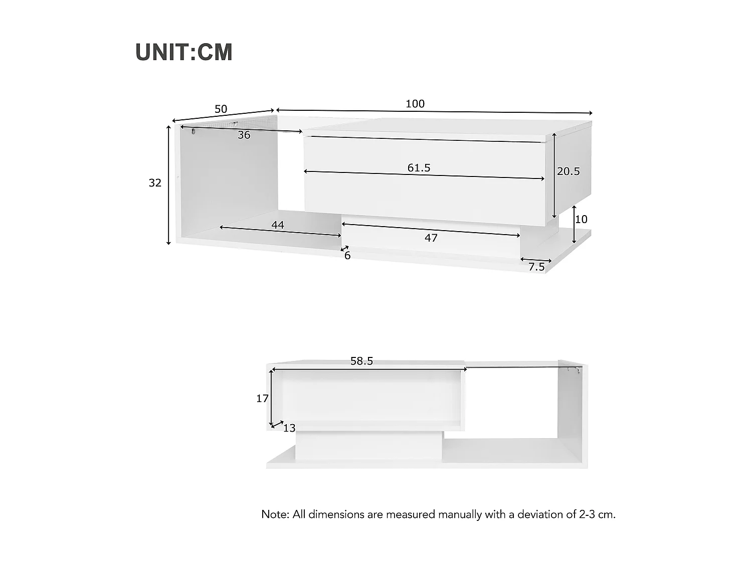 Couchtisch mit großer Schublade – 100 x 50 x 32 cm – LEDs – Glasplatte – Spanplatte – glänzend weiß