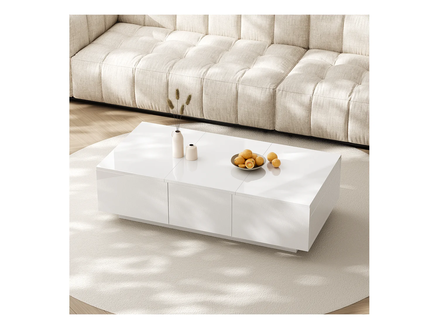 Table basse coulissantes avec 2 tiroirs -100 L x 50 l x 31 H cm - effet en haute brillance - Panneaux de particules - Blanc