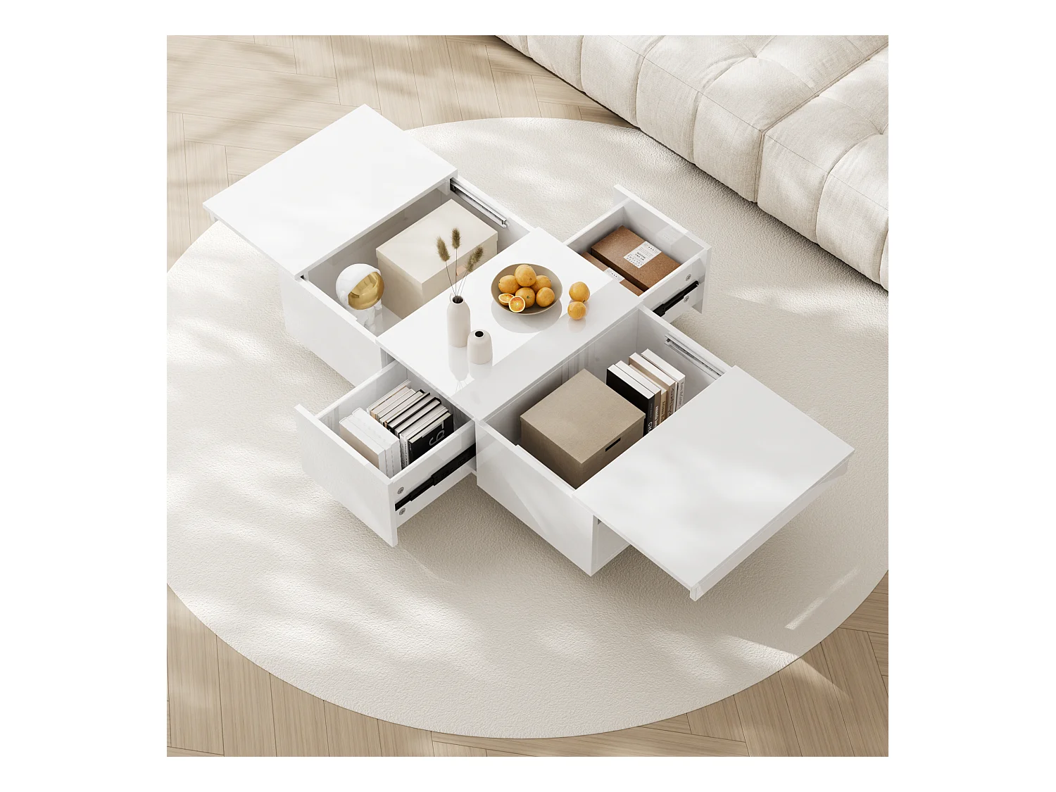 Uitschuifbare salontafel met 2 laden - 100 L x 50 B x 31 H cm - hoogglans effect - Spaanplaat - Wit