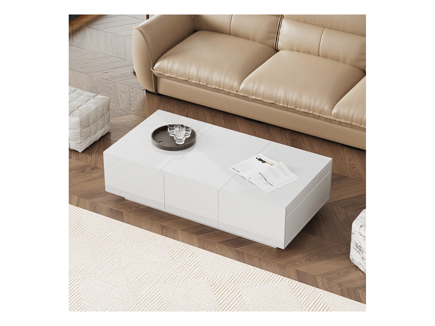 Uitschuifbare salontafel met 2 laden - 100 L x 50 B x 31 H cm - hoogglans effect - Spaanplaat - Wit