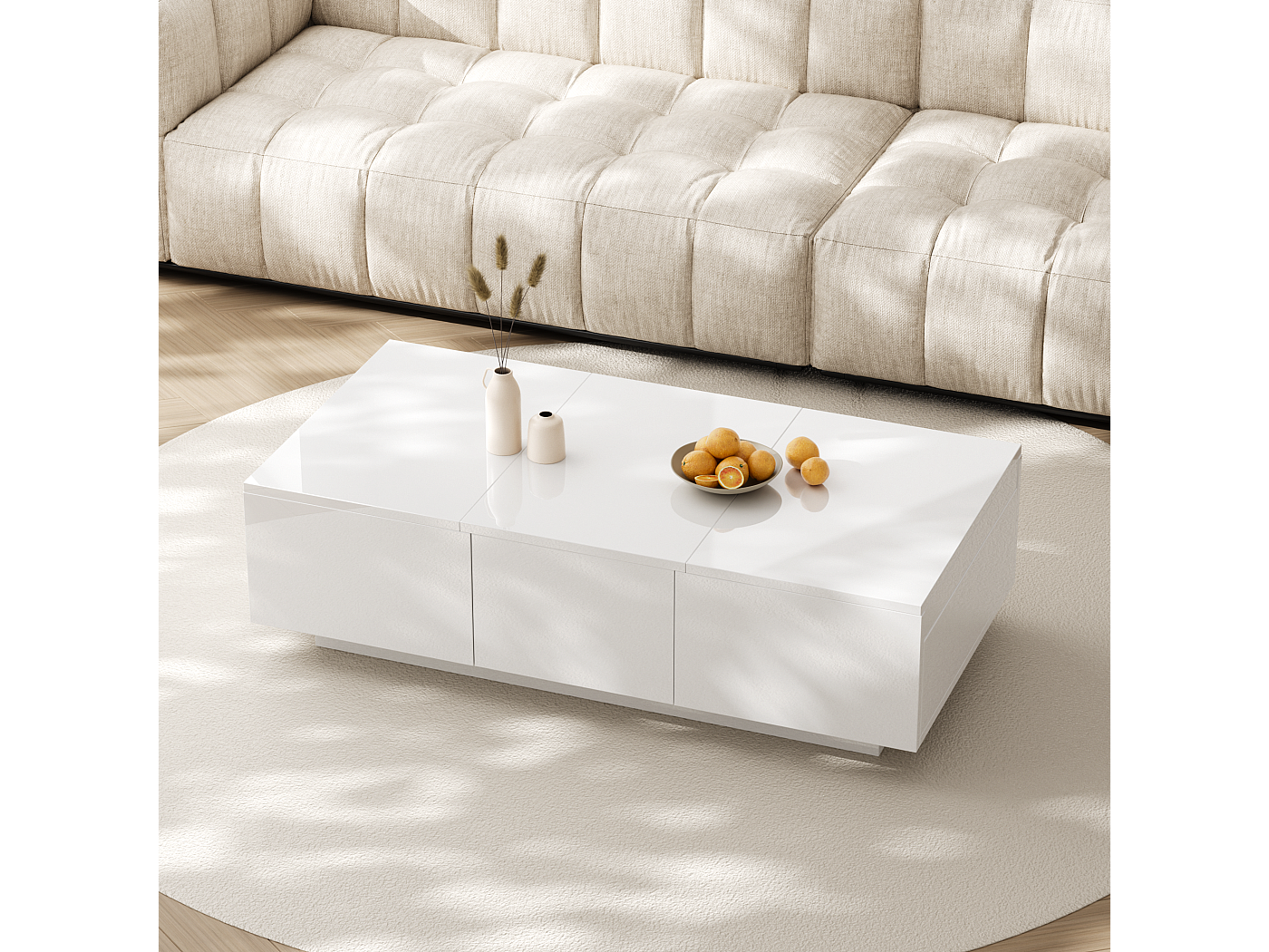 Table Basse Blanche Brillante Extensible Avec 2 Tiroirs - 102x60x40 Cm - MDF Et Aggloméré - Pour Salon Moderne - 3