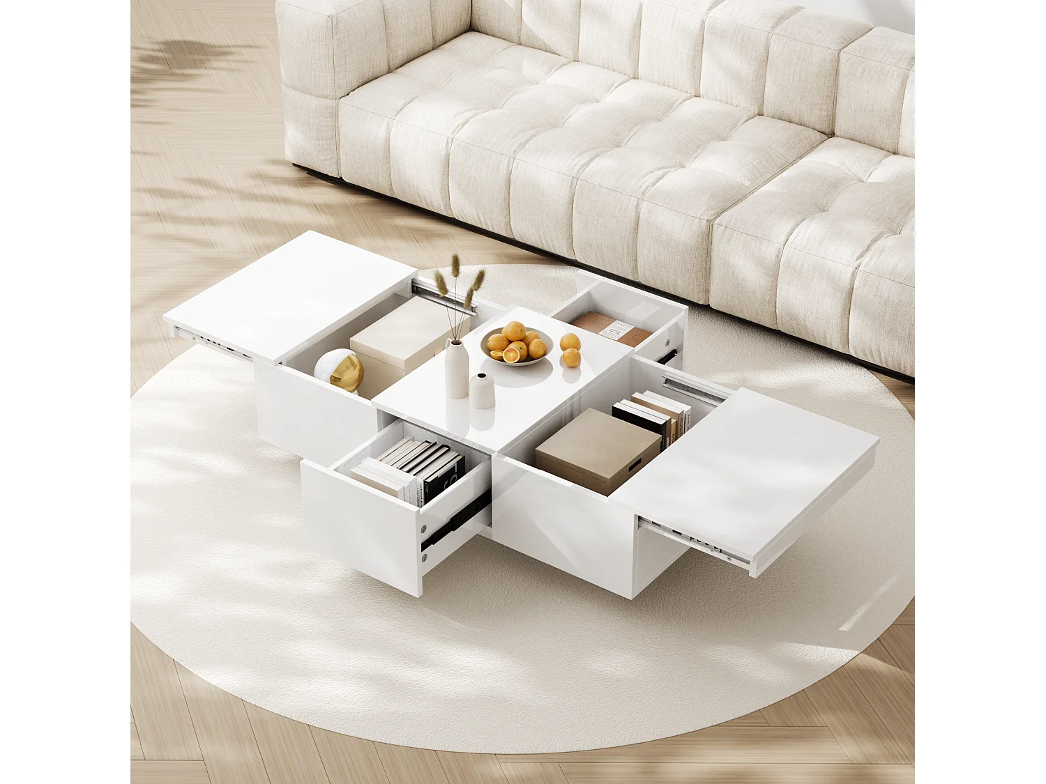 Table basse coulissantes avec 2 tiroirs -100 L x 50 l x 31 H cm - effet en haute brillance - Panneaux de particules - Blanc