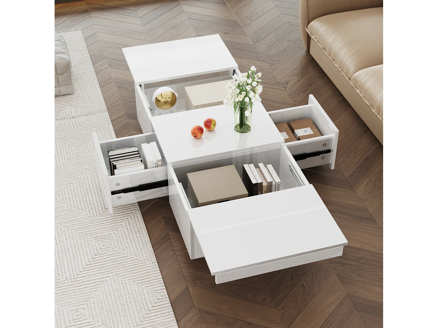 Table basse coulissantes avec 2 tiroirs -100 L x 50 l x 31 H cm - effet en haute brillance - Panneaux de particules - Blanc