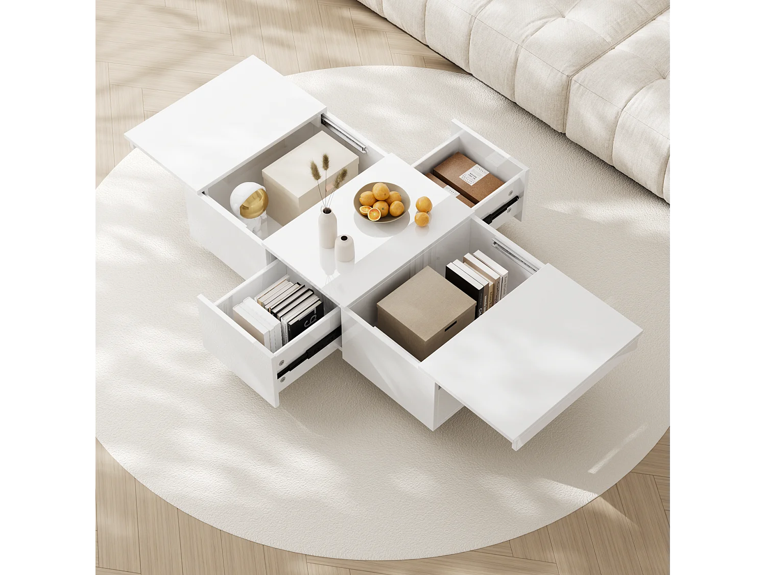 Uitschuifbare salontafel met 2 laden - 100 L x 50 B x 31 H cm - hoogglans effect - Spaanplaat - Wit