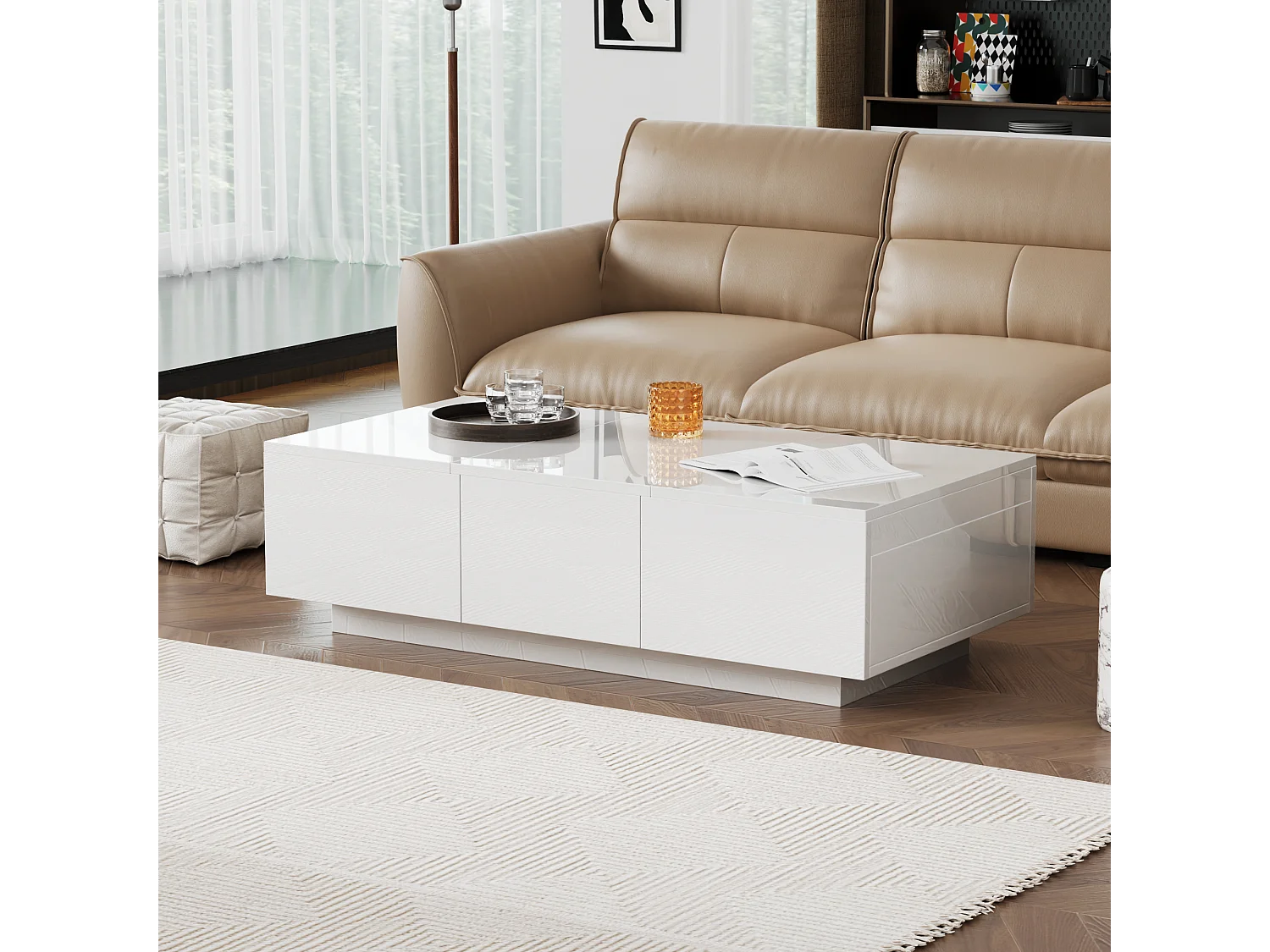 Uitschuifbare salontafel met 2 laden - 100 L x 50 B x 31 H cm - hoogglans effect - Spaanplaat - Wit