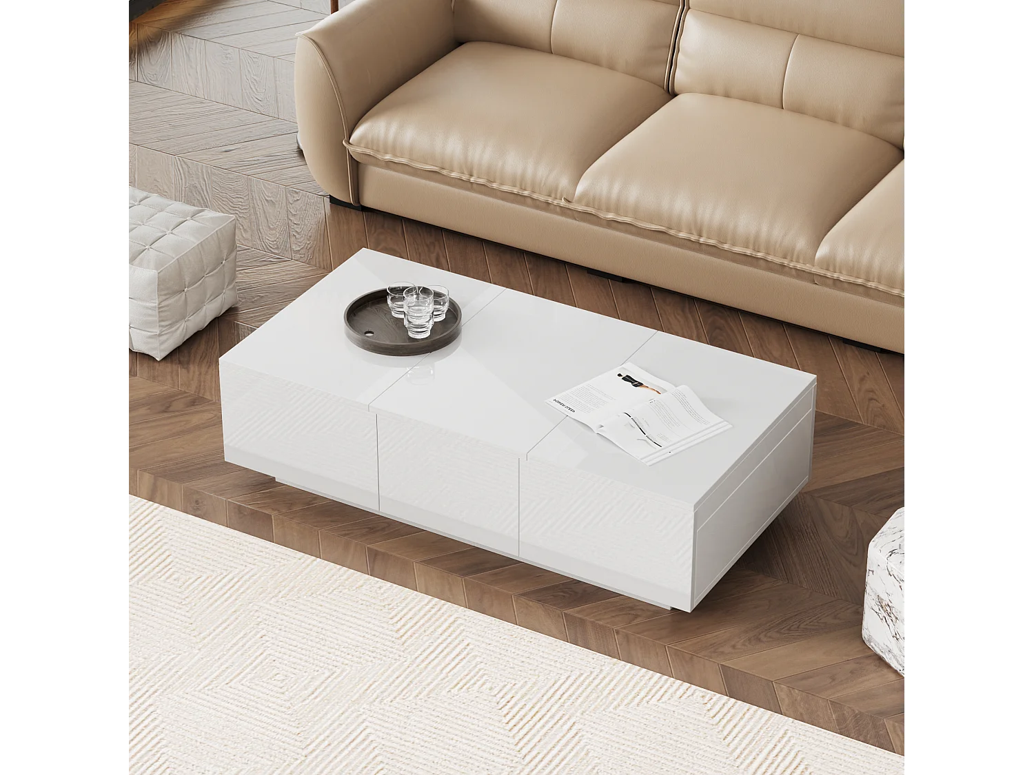 Uitschuifbare salontafel met 2 laden - 100 L x 50 B x 31 H cm - hoogglans effect - Spaanplaat - Wit