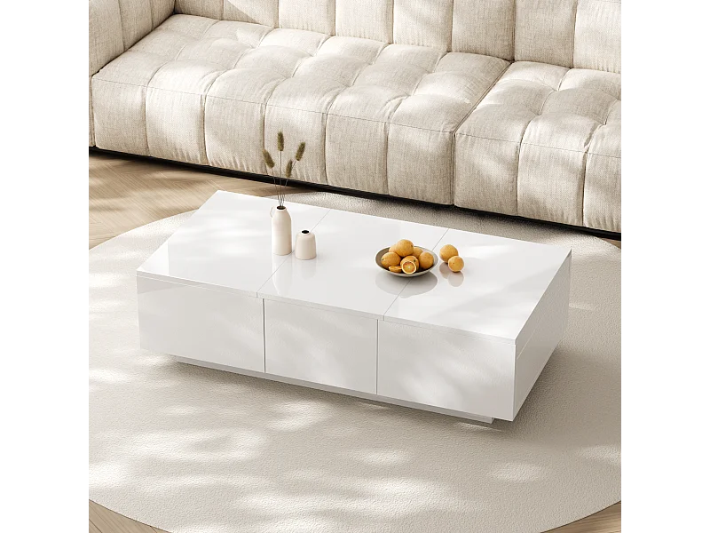 Table basse coulissantes avec 2 tiroirs -100 L x 50 l x 31 H cm - effet en haute brillance - Panneaux de particules - Blanc