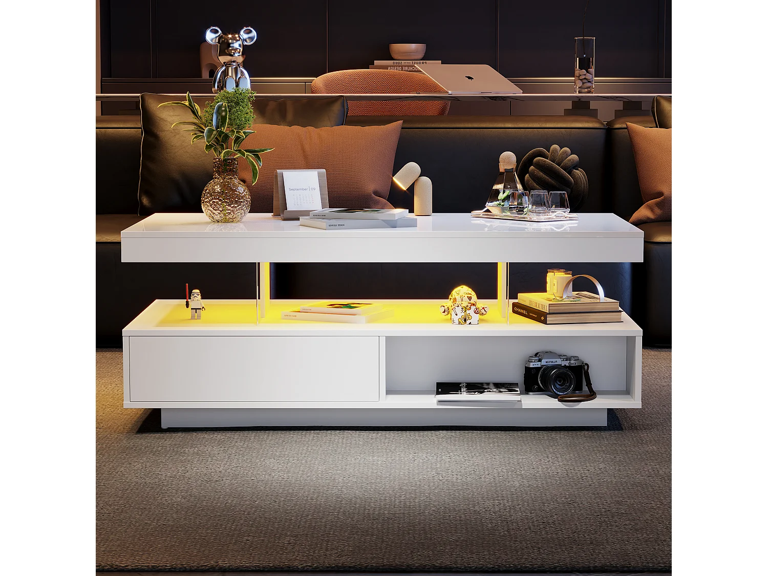 Table basse blanche brillante 95x50x42,5 cm - avec 4 plateaux en verre, 2 tiroirs et 2 compartiments ouverts, meuble bas dans le séjour, table basse